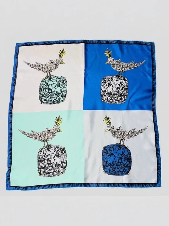 TIFFANY BIRD ON A ROCK INFINITY BLUE SILK SCARF ITALY - Picture 1 of 14